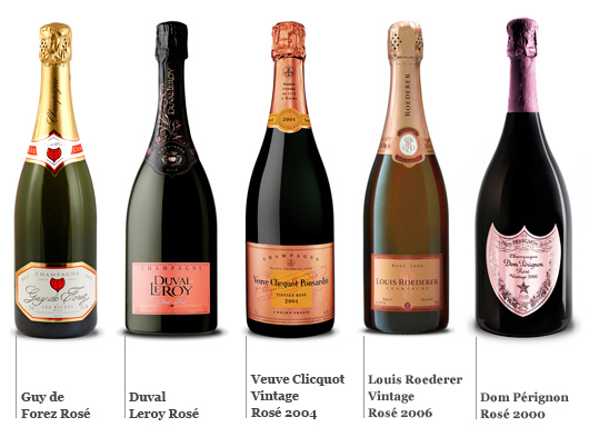 cinque champagne rosé recensiti dalla Guida Grandi Champagne e dal prezzo che varia da 30 a 300,00 euro