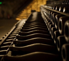 cantina con bottiglie di champagne La Grande Dame in maturazione