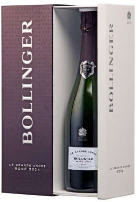 bottiglia con confezione di champagne La Grande Année Rosé 2004 di Bollinger