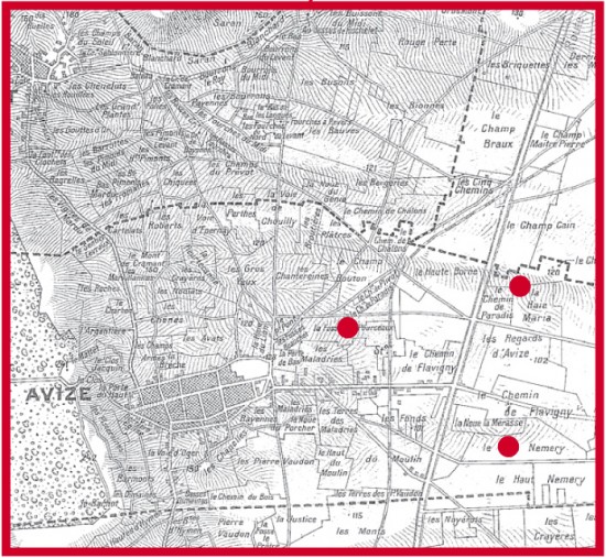 mappa con i tre lieux-dits, selezionati tra i vigneti di proprietà ad Avize