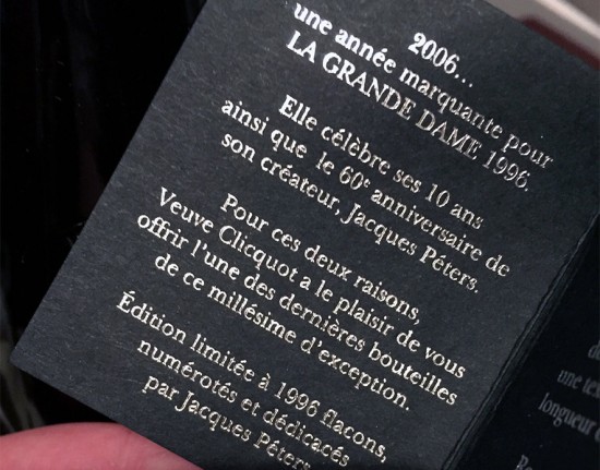 Cartoncino su bottiglia Veuve Clicquot La Grande Dame 1996 Edition Limitée
