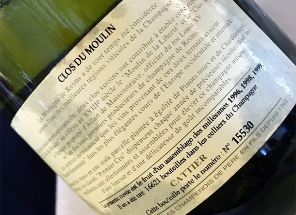 Controetichetta Champagne Cattier Clos du Moulin