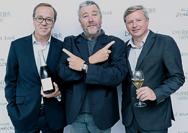 Fréderic Rouzaud, Presidente Louis Roederer, il designer Philippe Starck e Jean-Baptiste Lécaillon, chef de cave e Directeur Général Adjoint della maison.