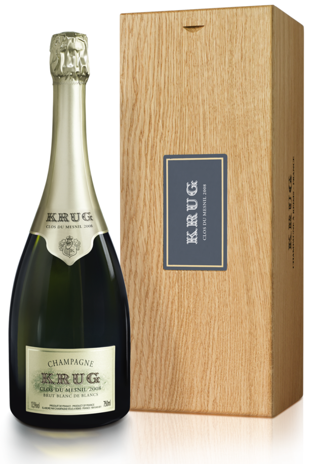 bottiglia di champagne krug clos du Mesnil 2008 con cassetta in legna